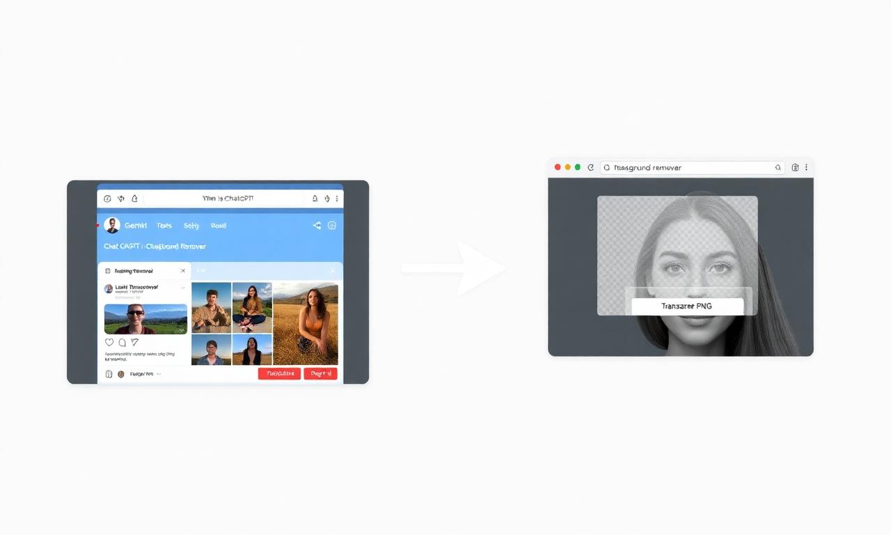 Diagram showing AI image generation in ChatGPT and Gemini feeding into a background remover tool that outputs a transparent PNG
