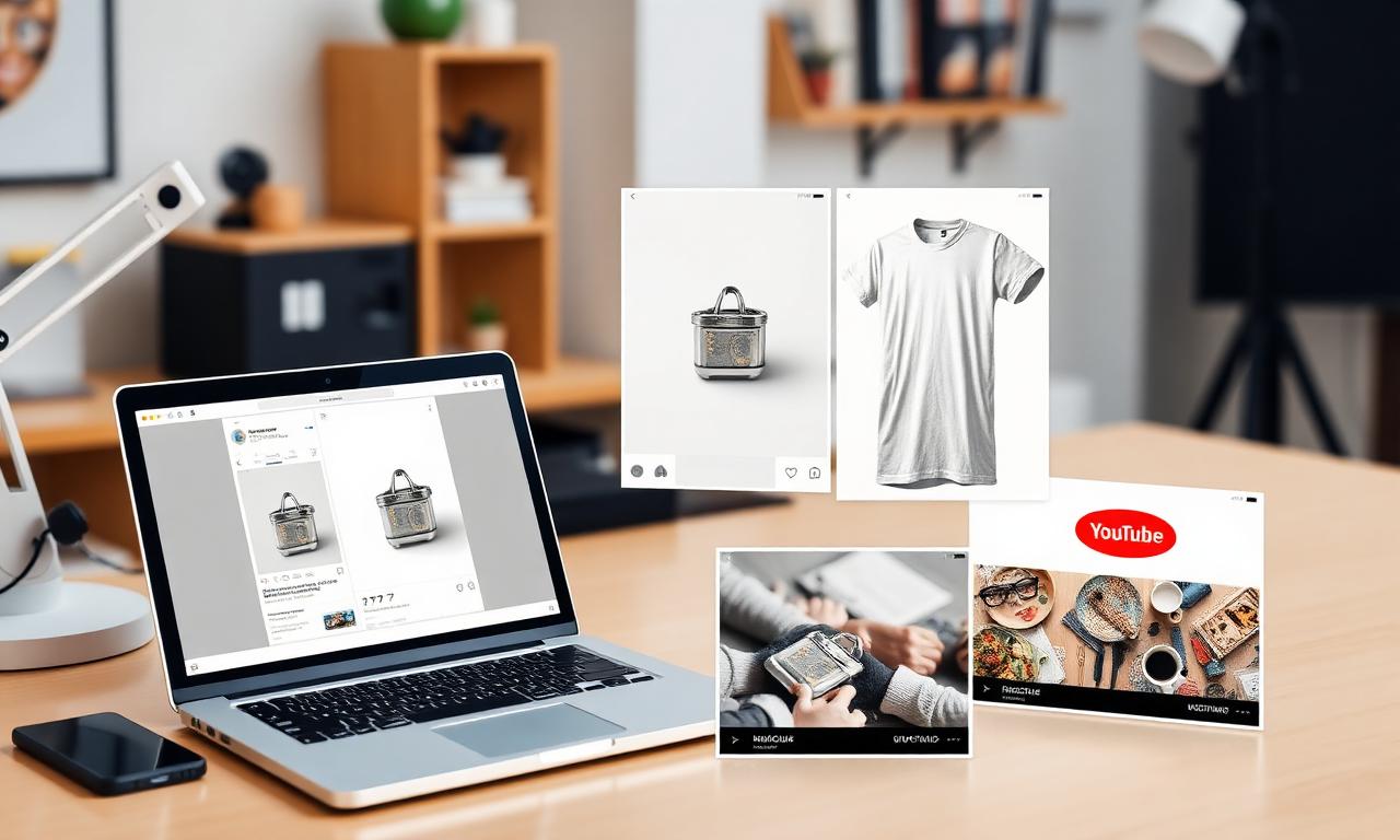 Designer workspace showing an AI-generated product cutout being applied to multiple marketing assets