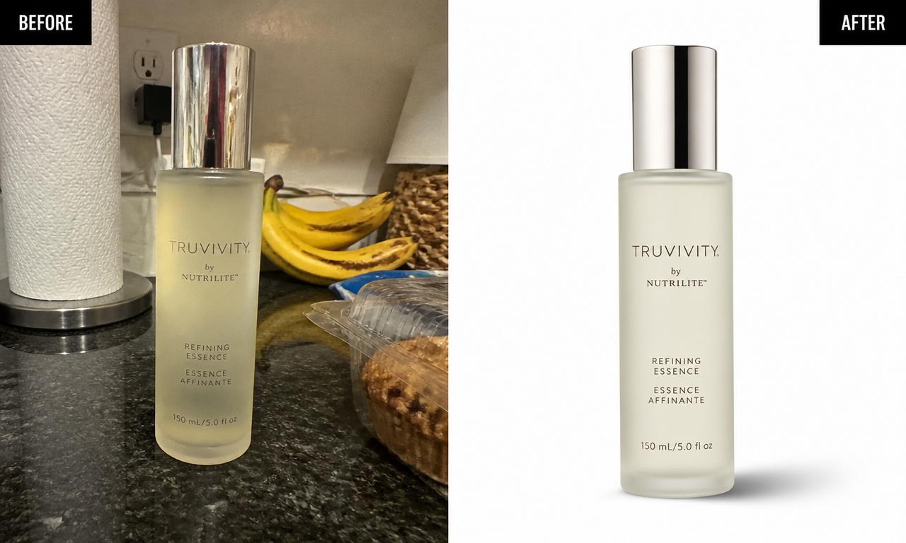 Before and after AI product photography of a skincare bottle: cluttered kitchen counter versus clean white studio background