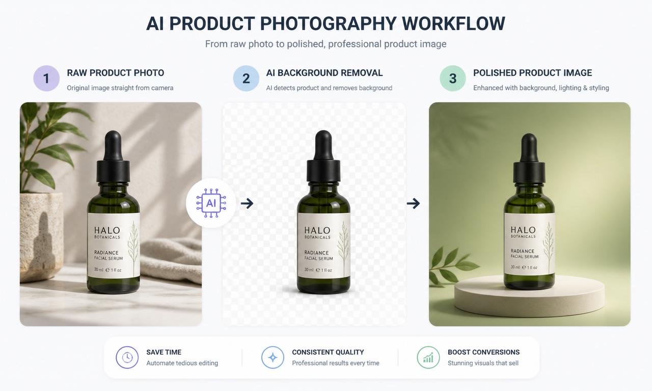AI product photography workflow diagram: raw photo, AI background removal to transparent PNG, final styled scene