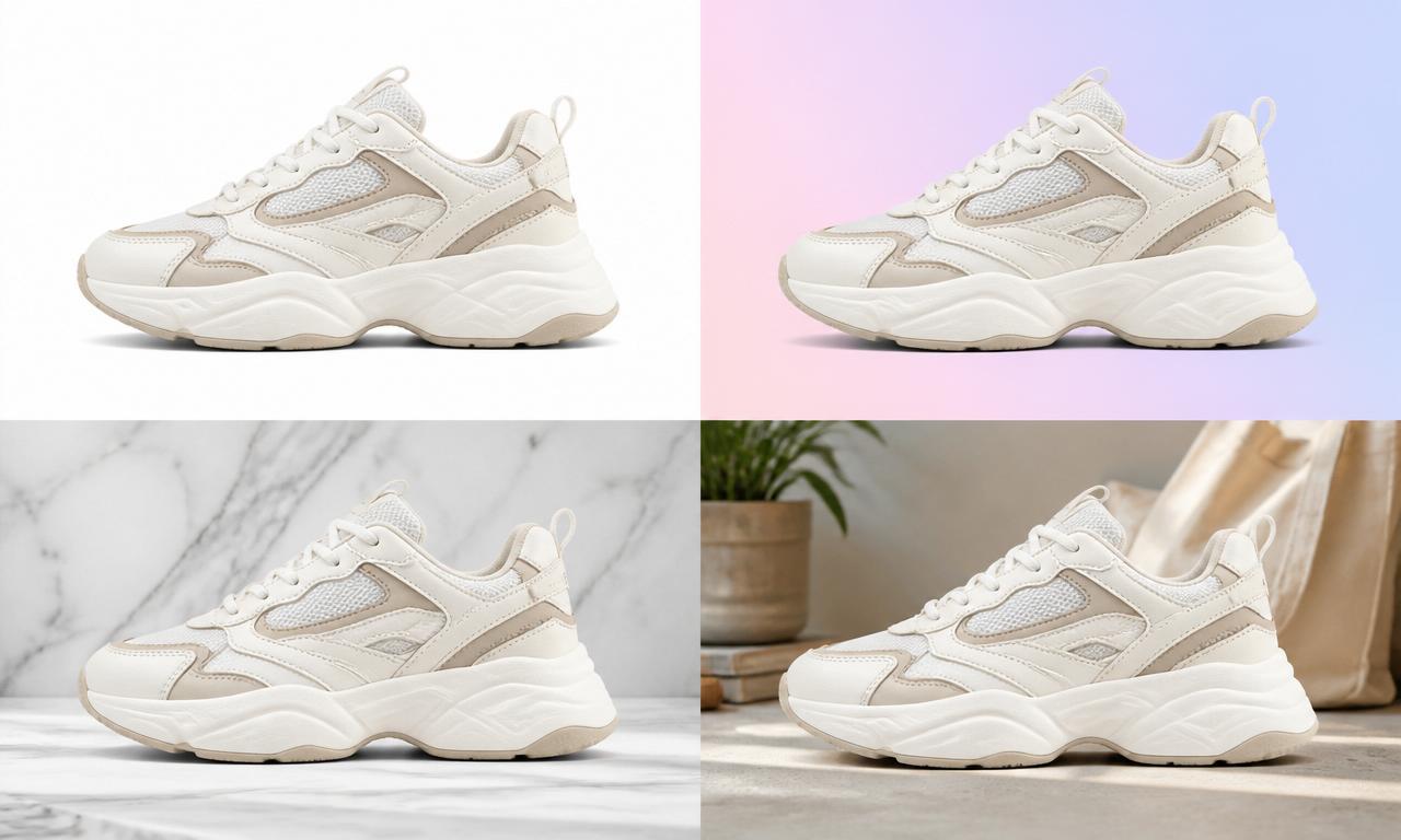 One sneaker product shown on four AI product photography backgrounds: white, pastel gradient, marble, and lifestyle