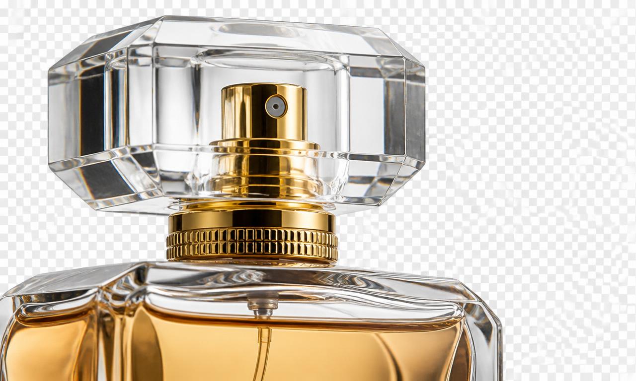 Macro of an AI product photography cutout of a glass perfume bottle with clean preserved edges on a transparent checkerboard