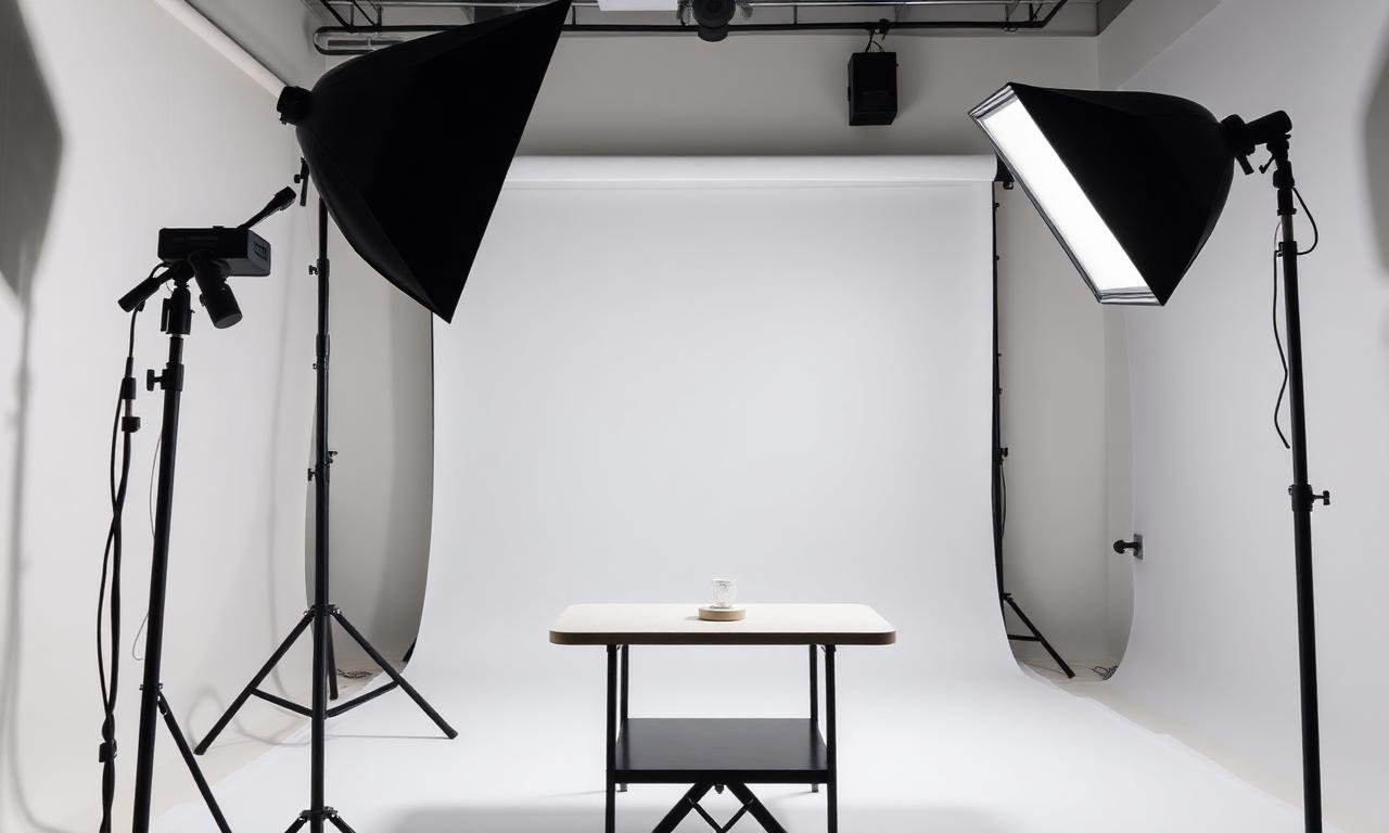 Photography studio setup with white seamless backdrop for shooting Amazon product images