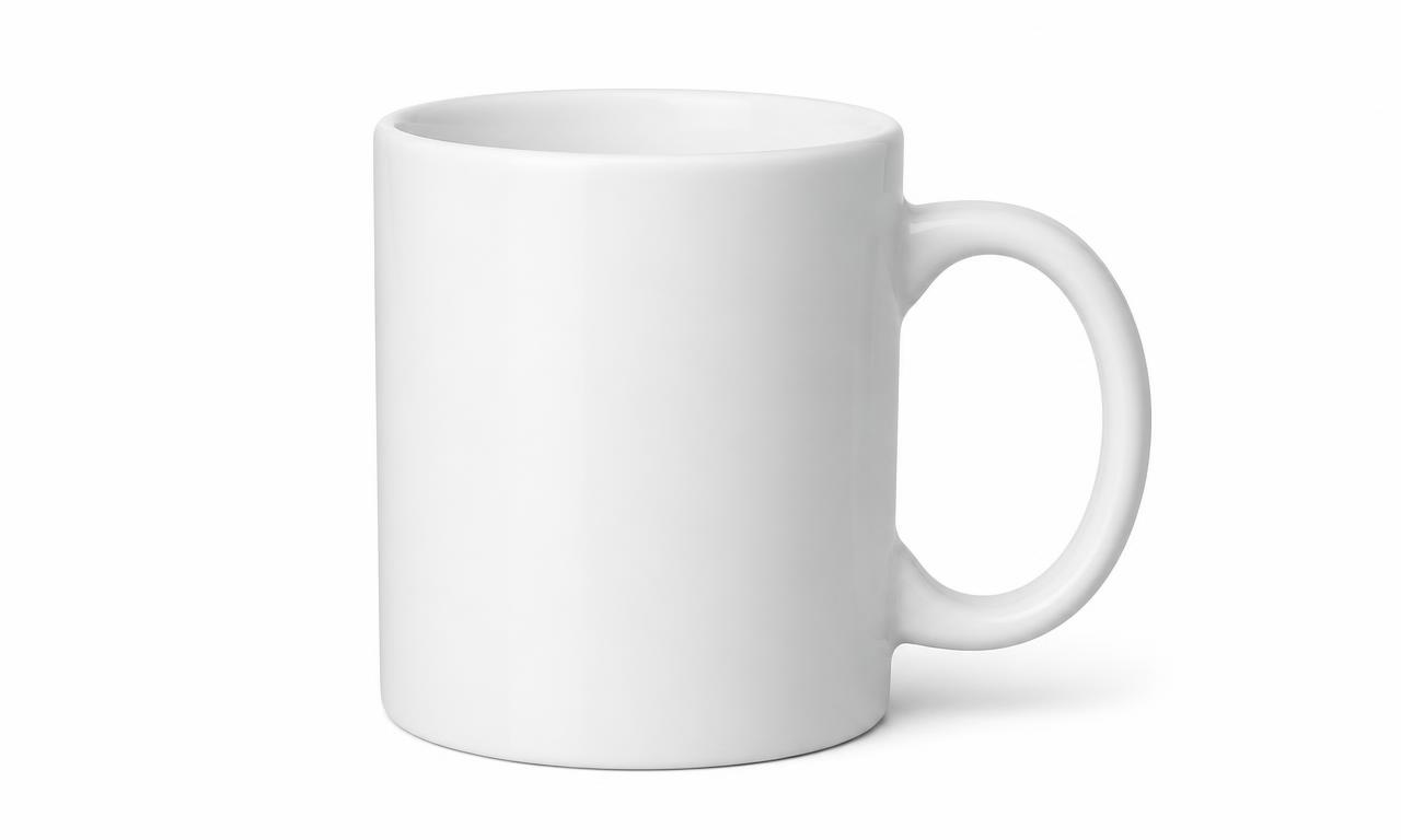 White ceramic mug photographed on a plain white background for a product listing