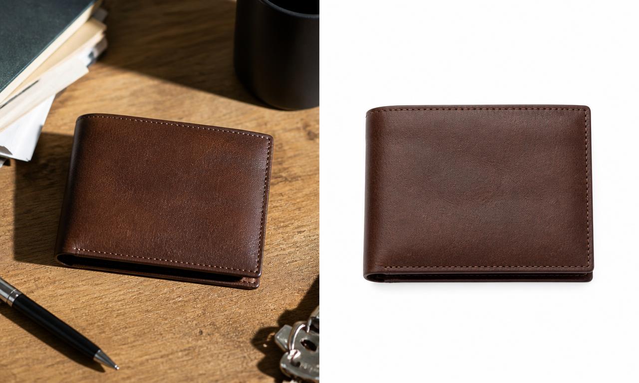The same brown leather wallet shown on a cluttered wooden desk and then isolated on a plain white background