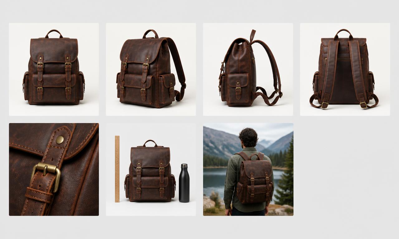 Grid of product photos of a leather backpack showing front, angled, side and back views, a close-up detail, a size comparison and an outdoor in-use shot