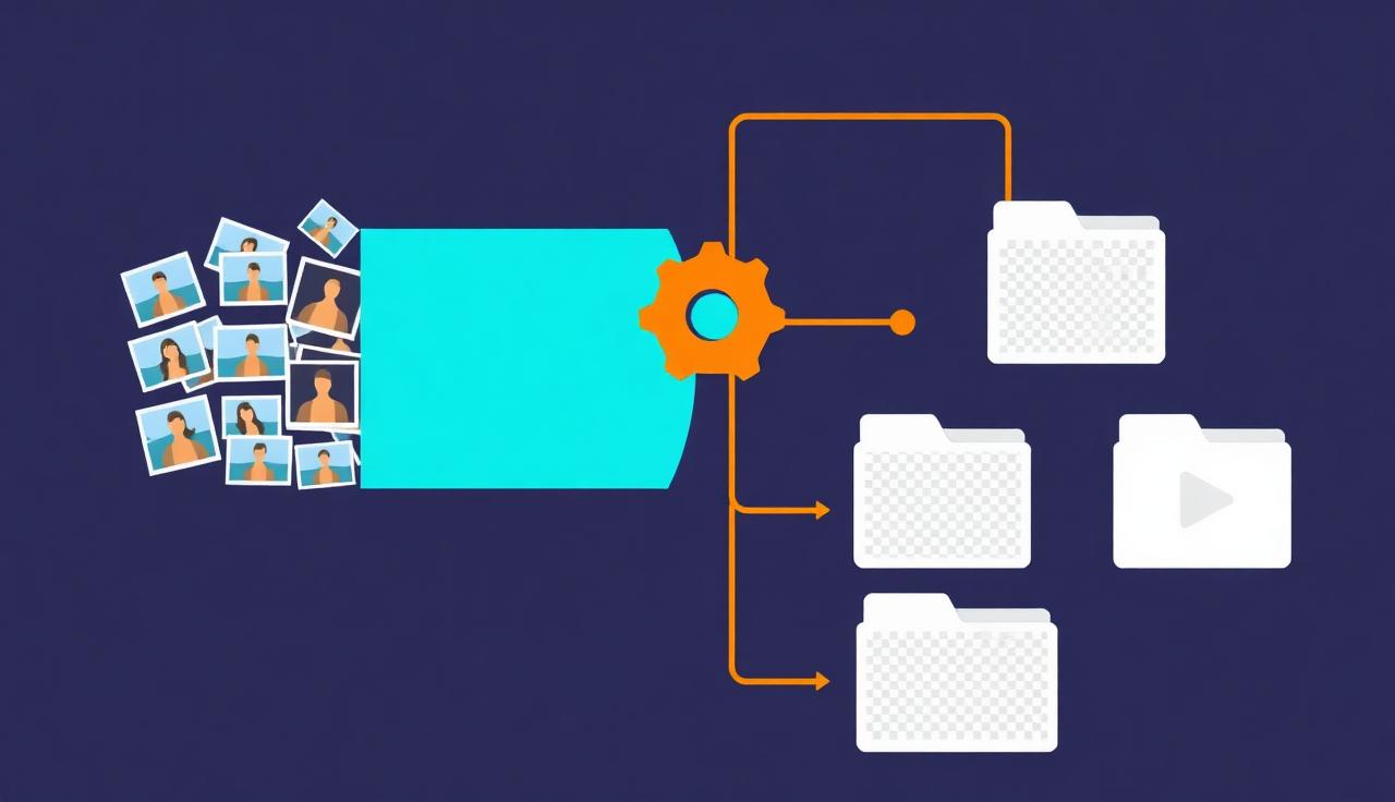 Workflow funnel: many photos in, AI processing, organized transparent PNG folders out