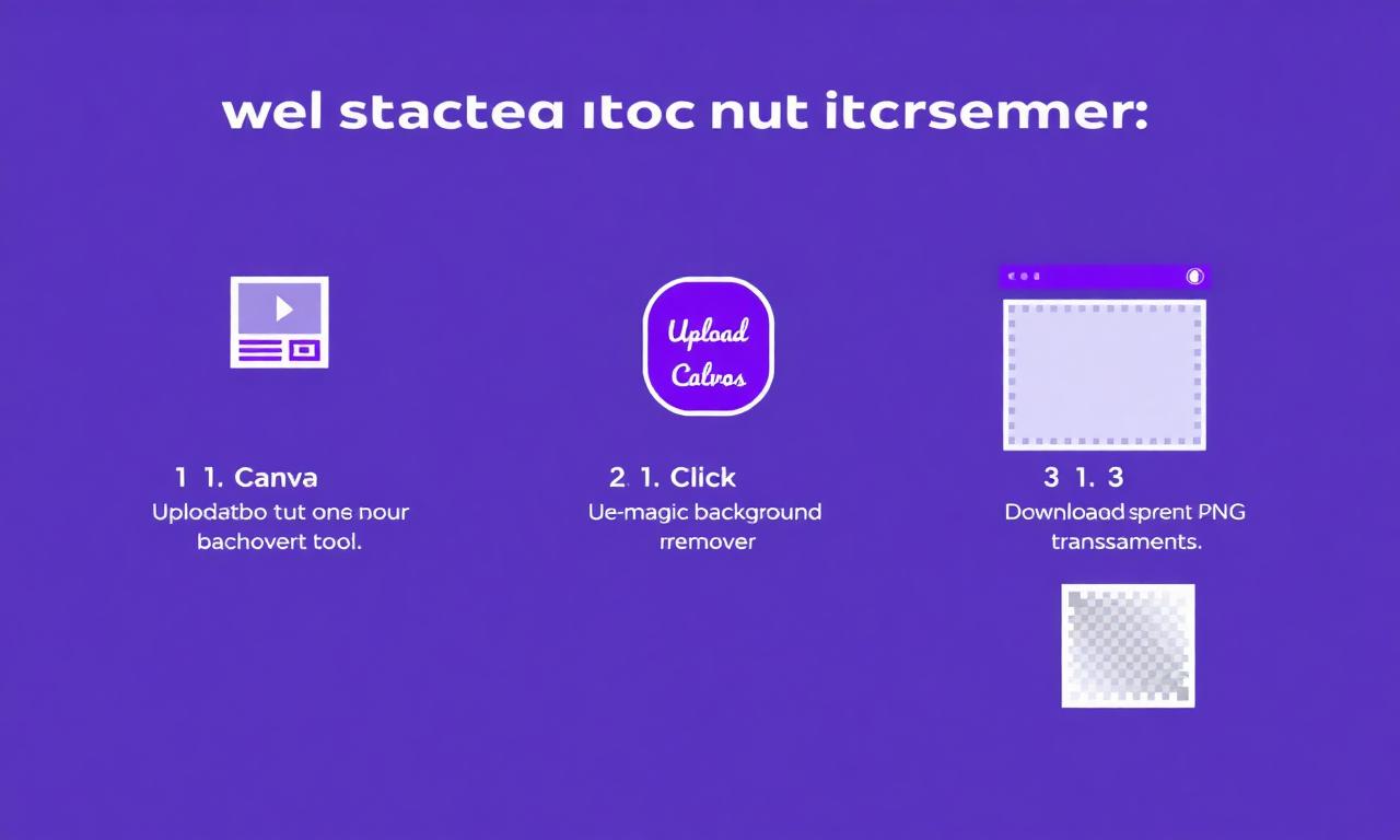 Three-step infographic showing upload, click background remover, and download a transparent PNG in Canva