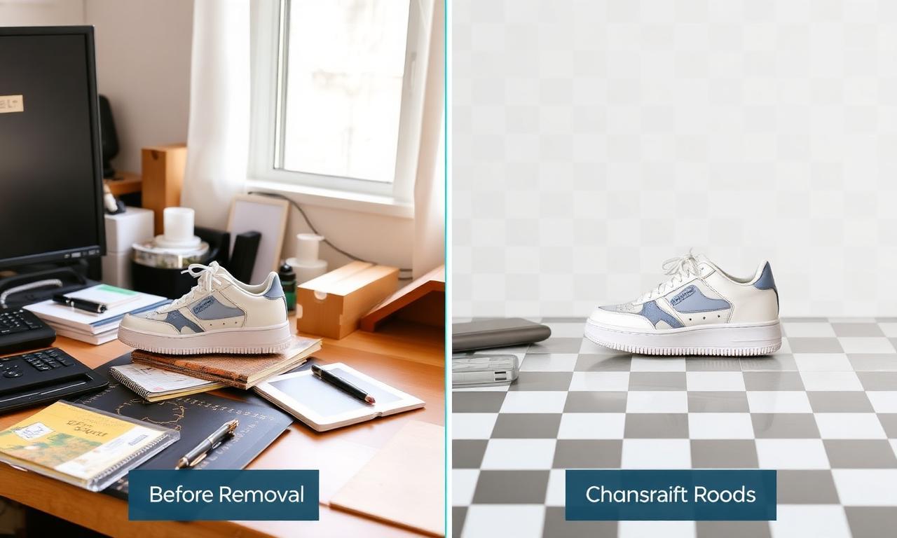 Before and after comparison of a sneaker product photo with cluttered background versus transparent checkerboard background