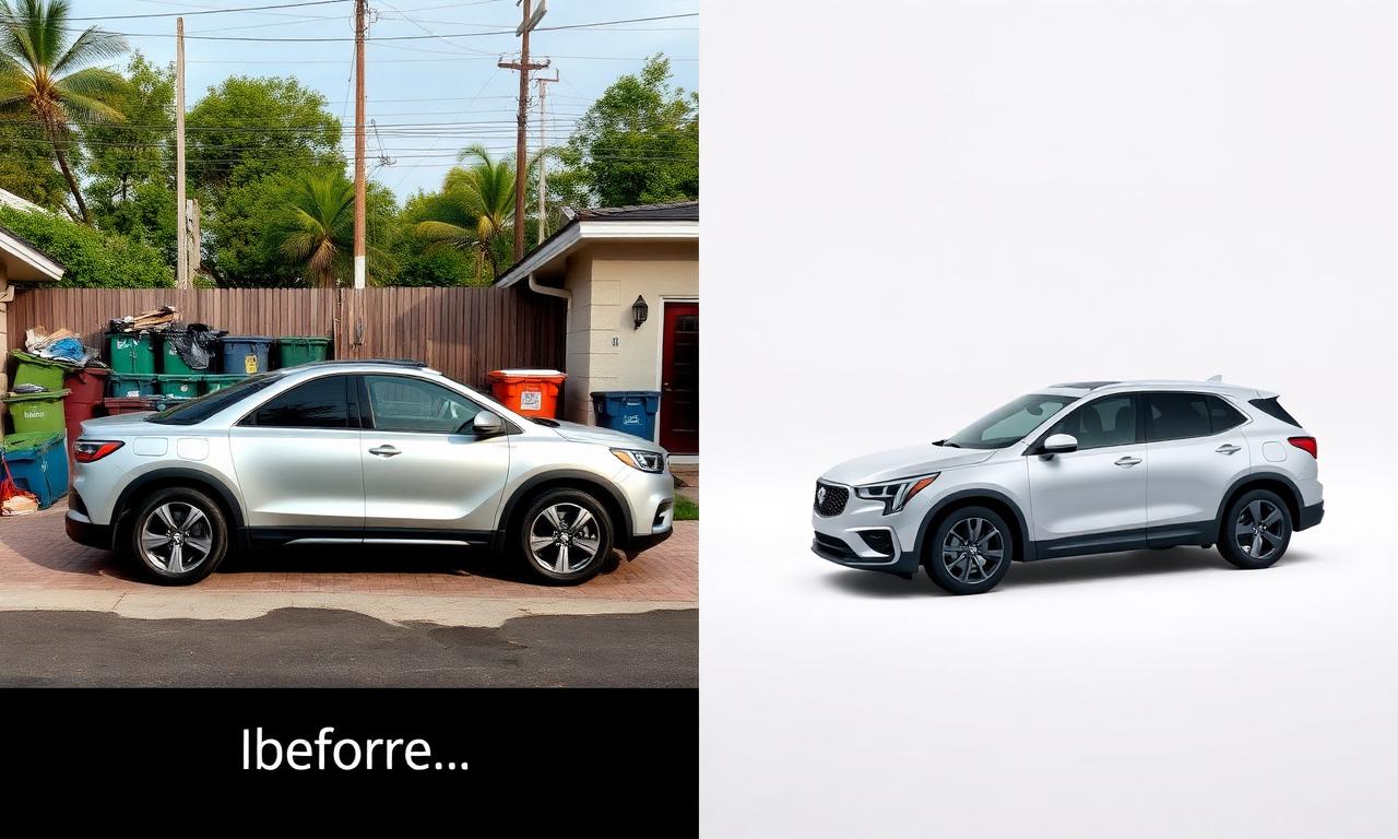 Before and after of a silver SUV with the background removed and replaced by a clean studio gradient