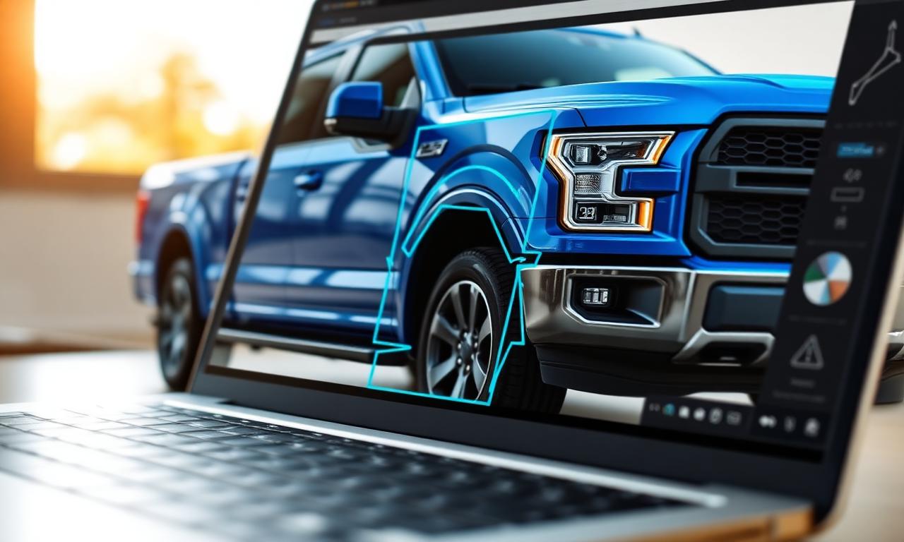 AI background removal in progress on a blue pickup truck, showing the cyan selection mask