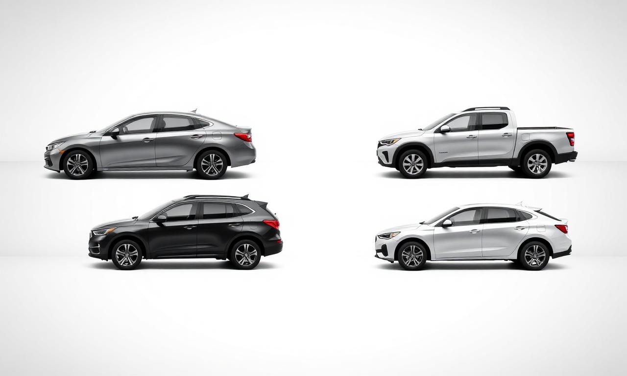 Grid of four used cars on identical light-gray showroom backgrounds