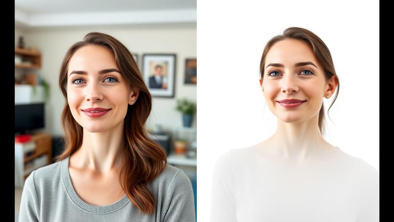 Split-screen portrait before and after changing background with AI from cluttered room to clean white studio