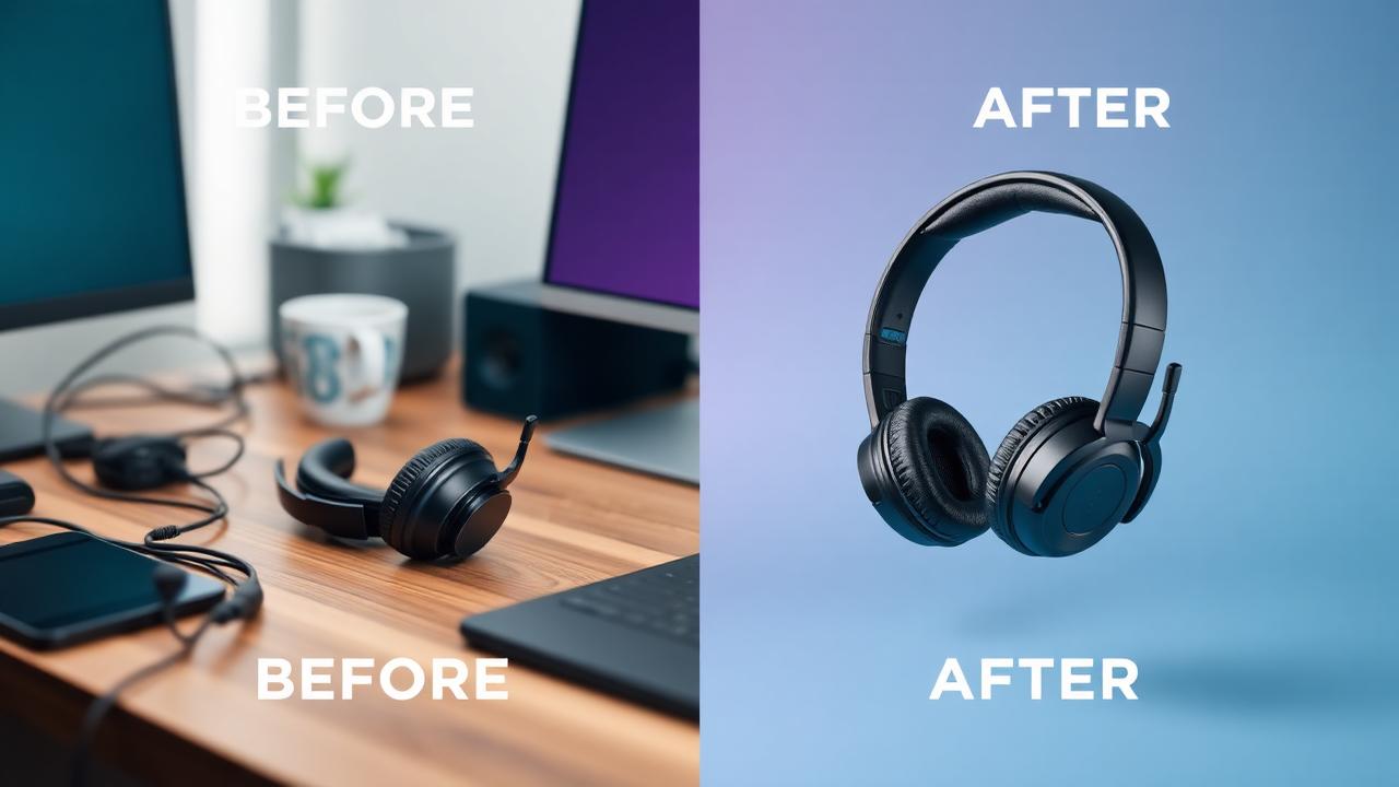 Product photo of wireless headphones before and after changing background to a clean teal gradient using AI
