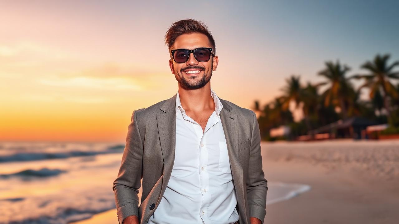 Creative composite of a man in business attire standing on a tropical beach sunset background