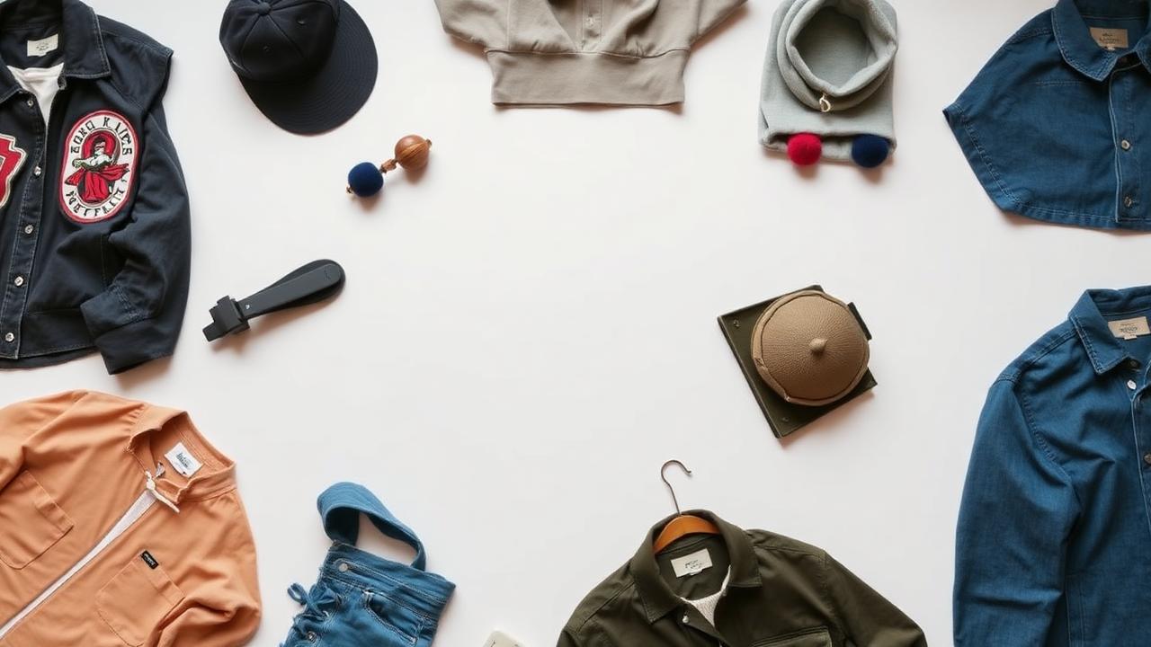 Flat lay of vintage and streetwear clothing on a clean white background for Depop product photos