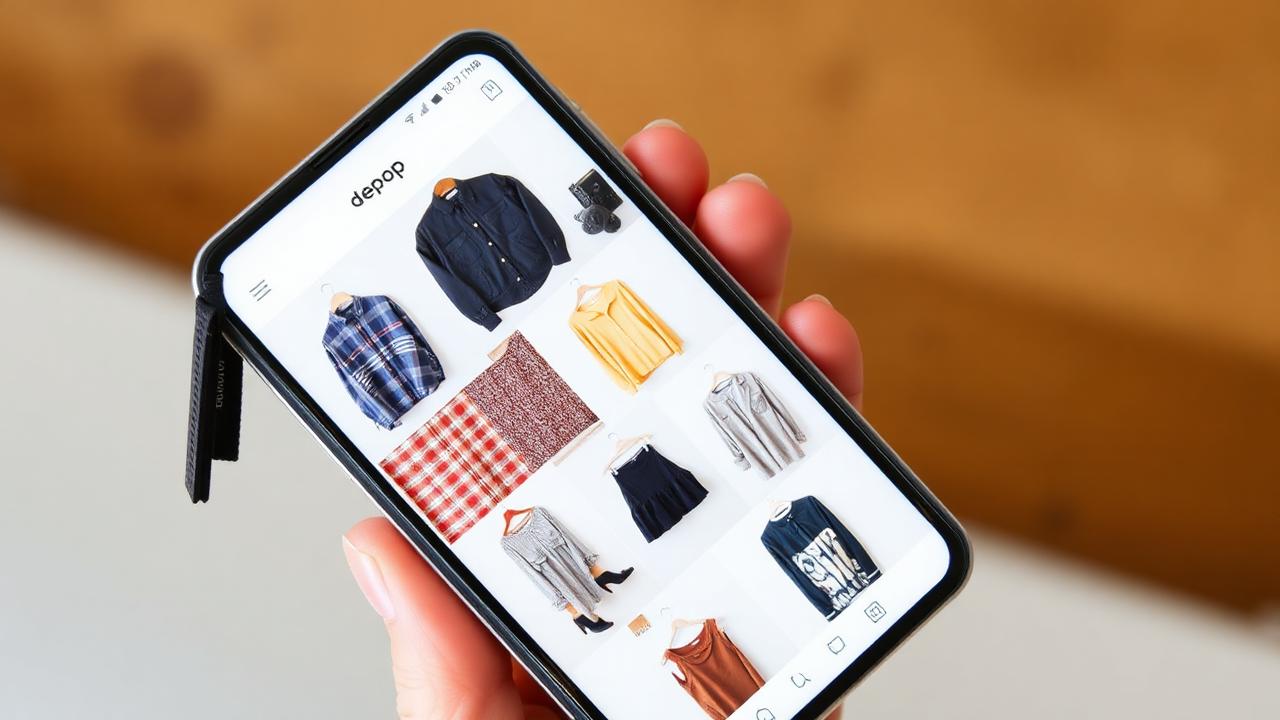 Phone showing a Depop-style feed where every clothing photo sits on a clean consistent white background