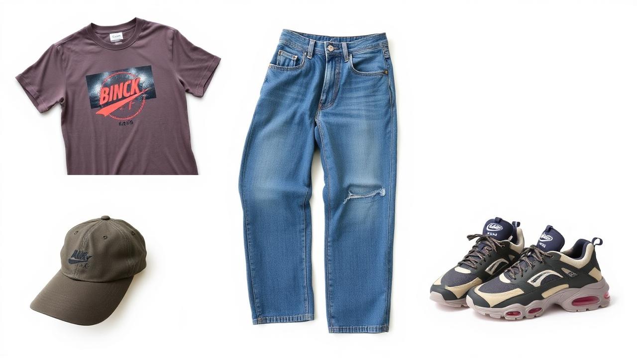 Grid of four second-hand items — a graphic tee, vintage jeans, a cap, and chunky sneakers — each on a clean white background
