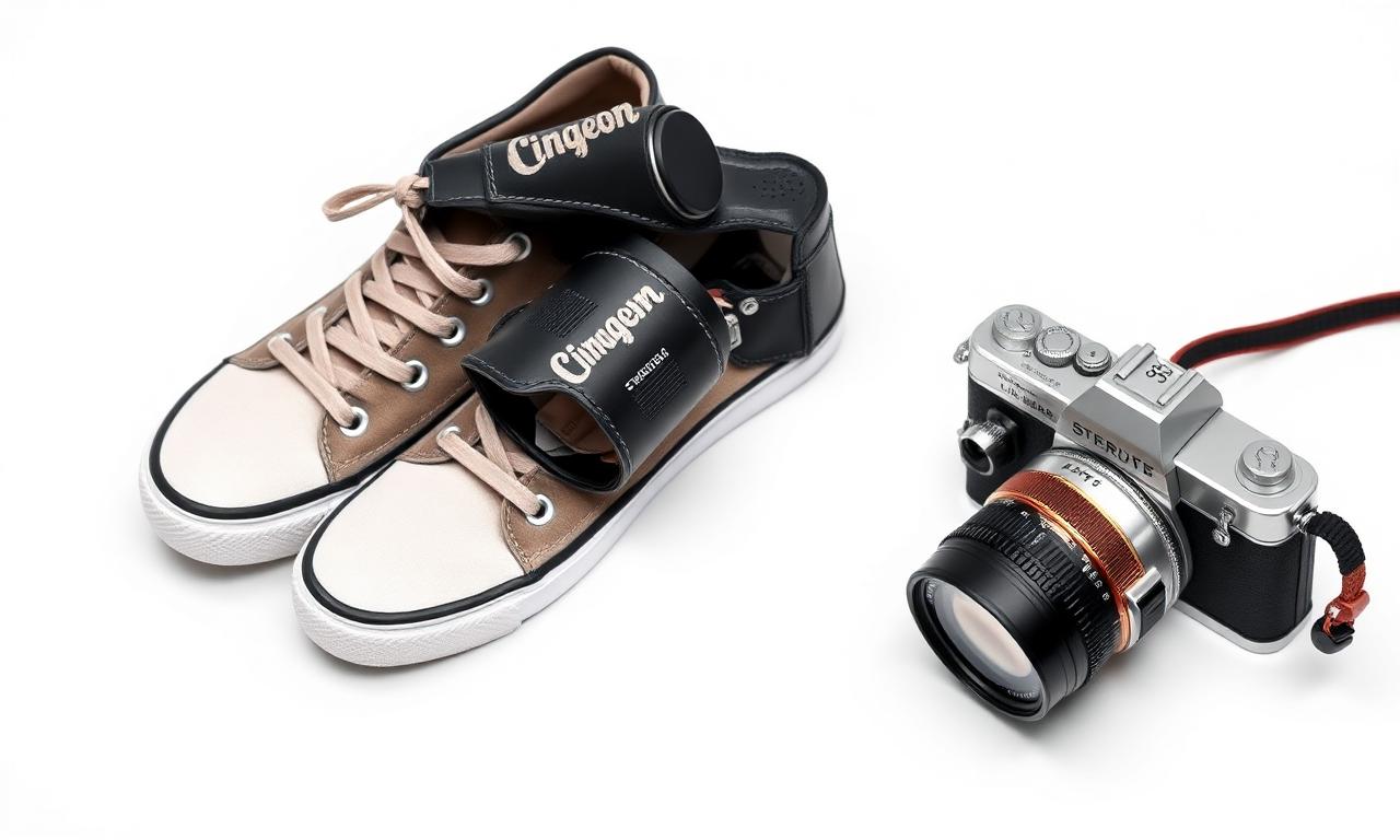 Sneakers and a vintage camera on a pure white seamless background, professional eBay listing photo