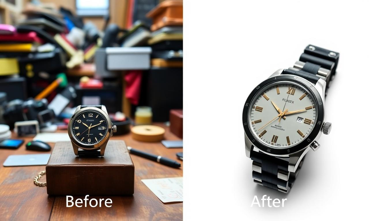 Before and after: a watch on a cluttered wooden desk versus the same watch cleanly cut out on a white background