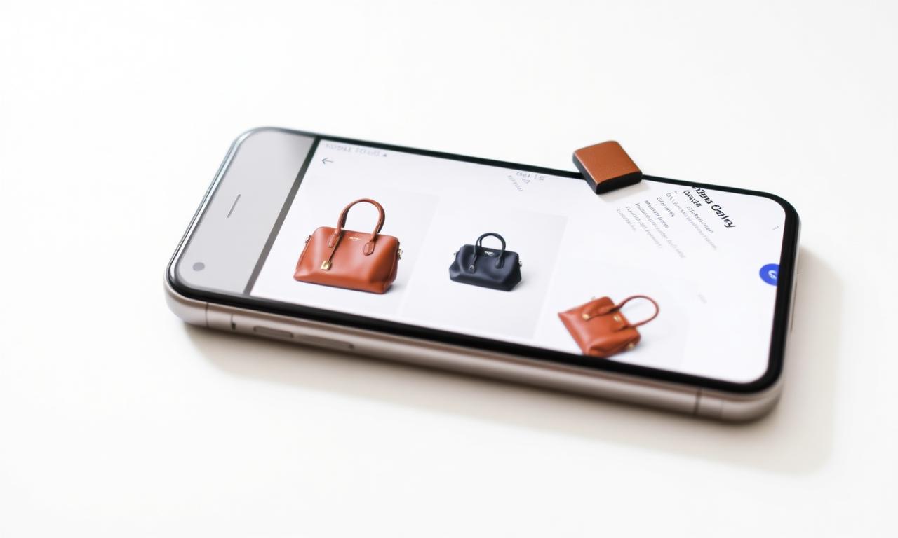 A smartphone showing an eBay listing gallery with several clean handbag photos on white backgrounds