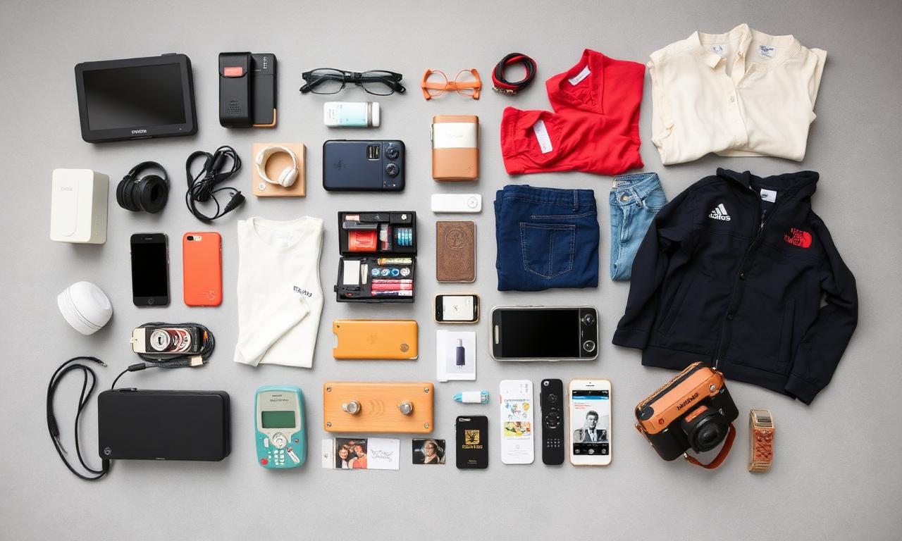 Flat lay of second-hand electronics, clothing, and collectibles arranged for marketplace photography
