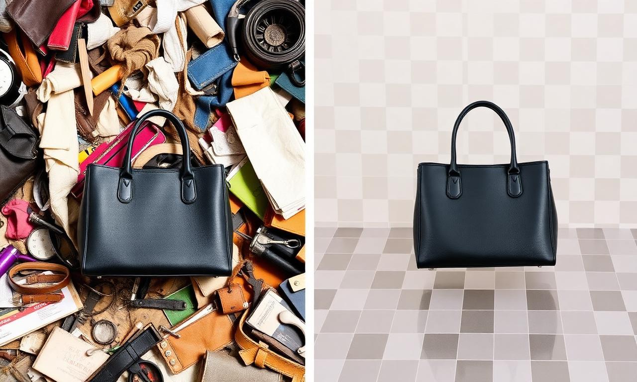 Before and after of a handbag photo: cluttered background on the left, clean cutout on the right