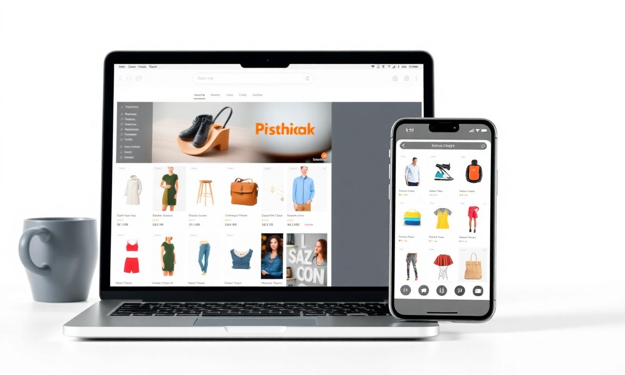 An online store product grid on a laptop and phone showing products on consistent white backgrounds