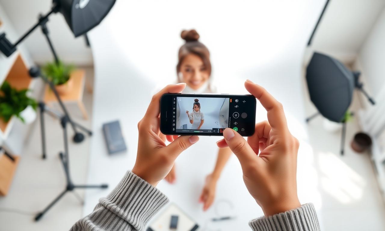 A small business owner photographing a product with a smartphone in a simple home studio with window light