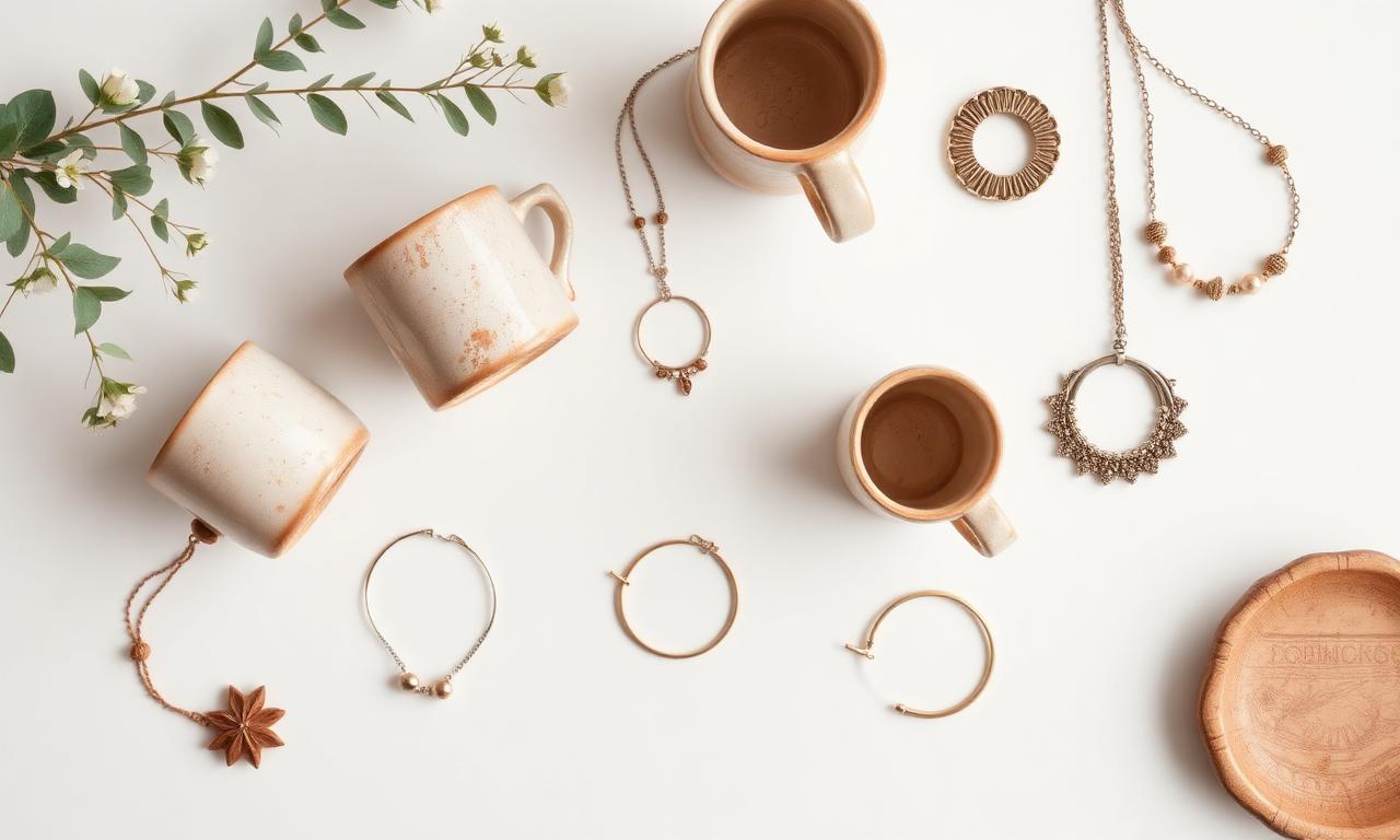 Flat lay of handmade ceramic mugs and jewelry photographed on white background for Etsy listings
