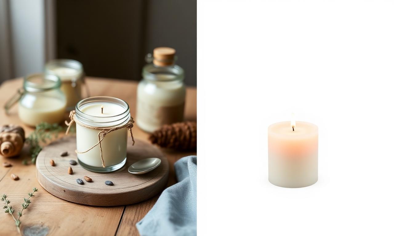 Before and after of a handmade candle photo: cluttered wooden background versus clean isolated white background