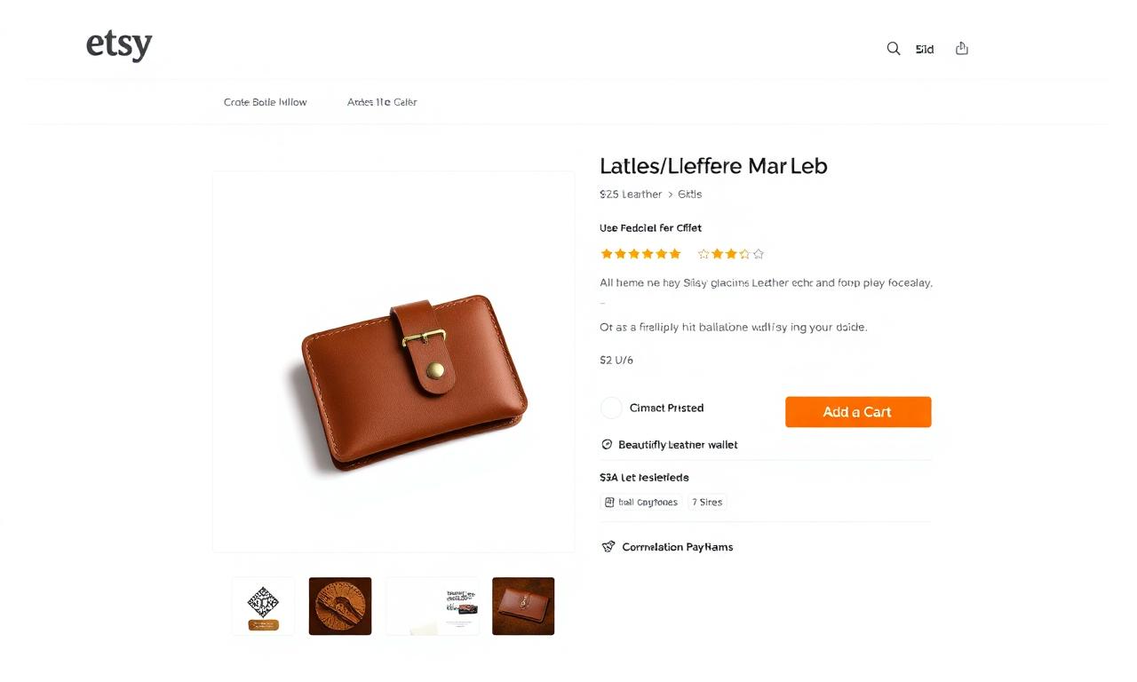 Etsy product listing page showing a beautifully isolated handmade leather wallet on a white background