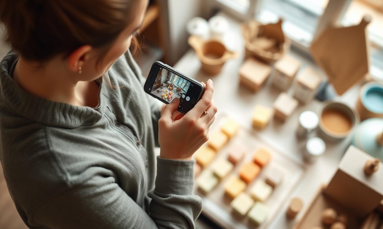 Small business owner photographing handmade soap with a smartphone in a sunlit craft workshop