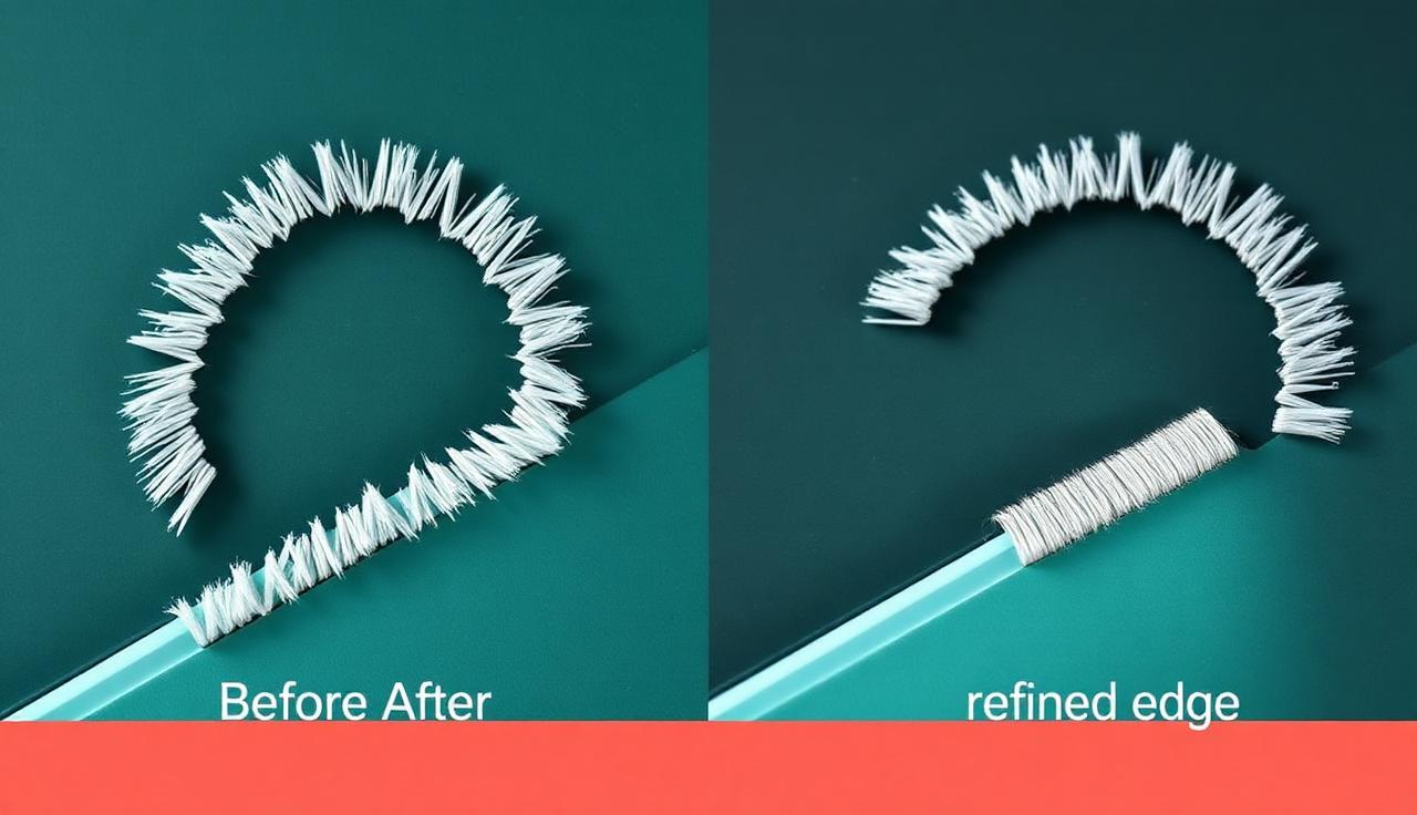 Before and after of a cutout edge: rough white fringe versus a clean refined edge