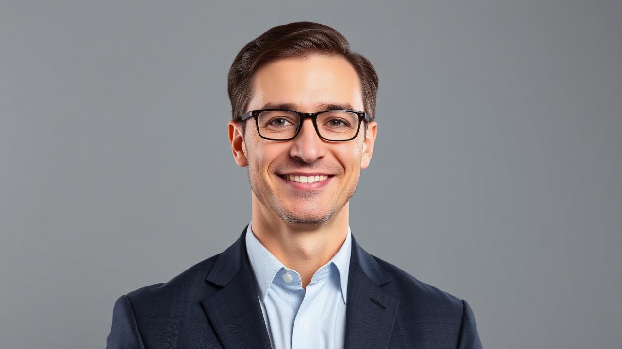 A confident business professional on a clean neutral grey headshot background