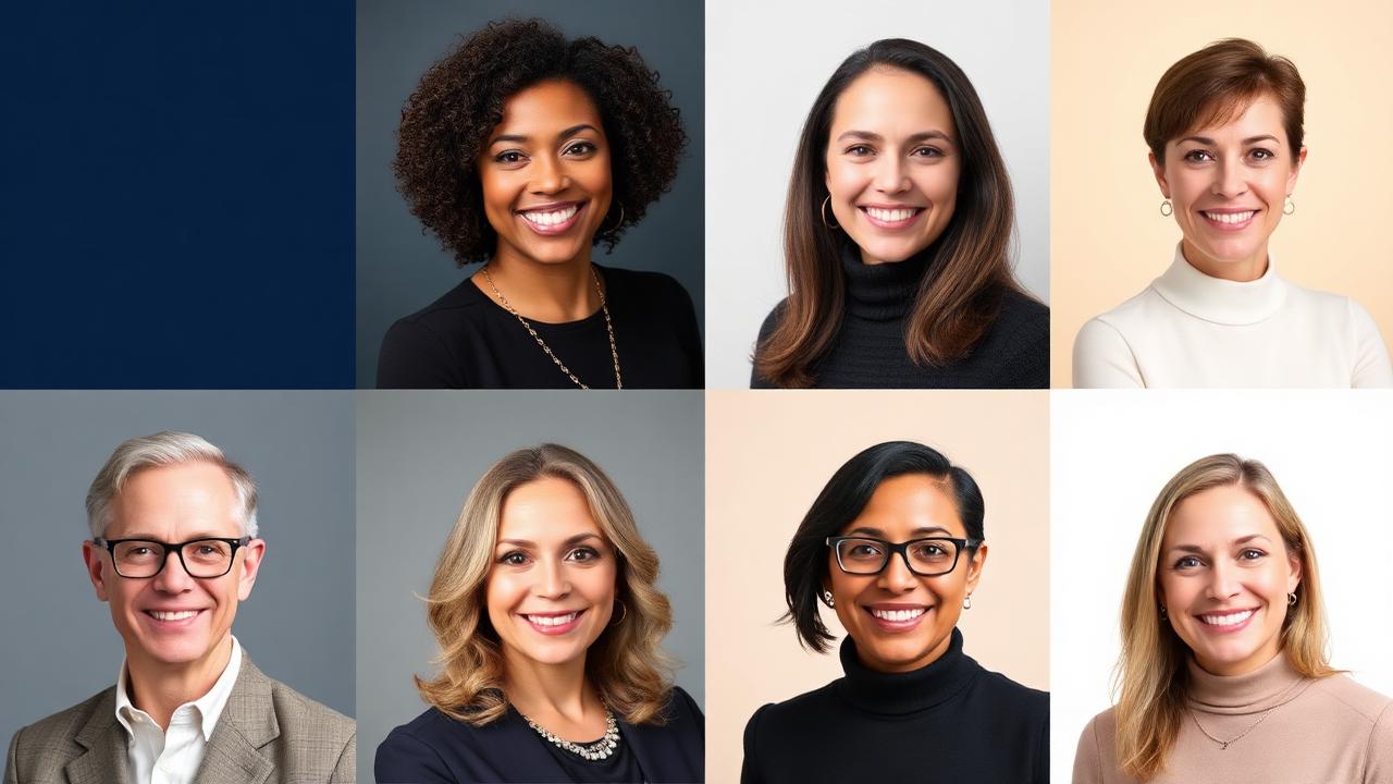 Four professional headshots side by side with white, grey, navy, and beige backgrounds