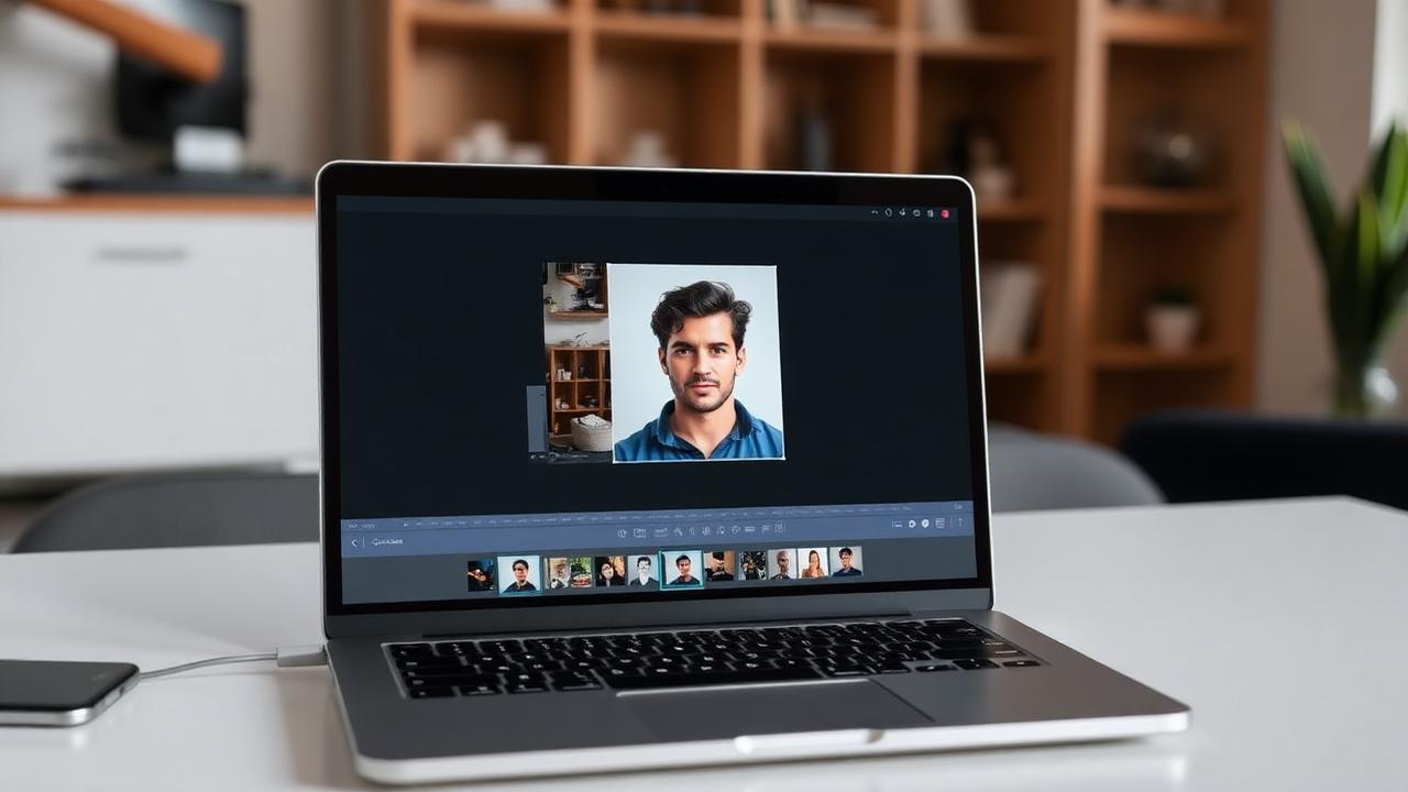 A laptop screen showing an online tool changing a headshot background from a messy room to clean grey