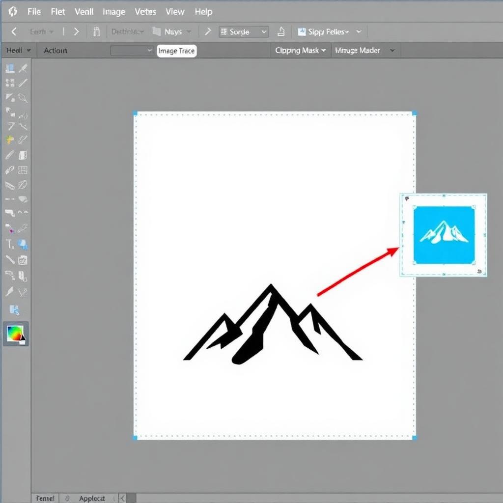 Vector editor showing the Image Trace and clipping mask panels converting a mountain logo to a clean vector on a blue tile