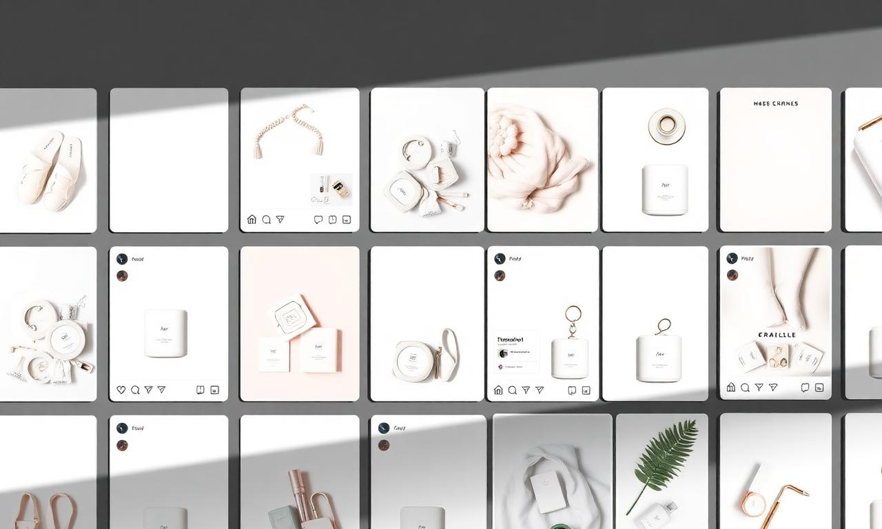 A cohesive Instagram feed grid of product posts on consistent clean backgrounds