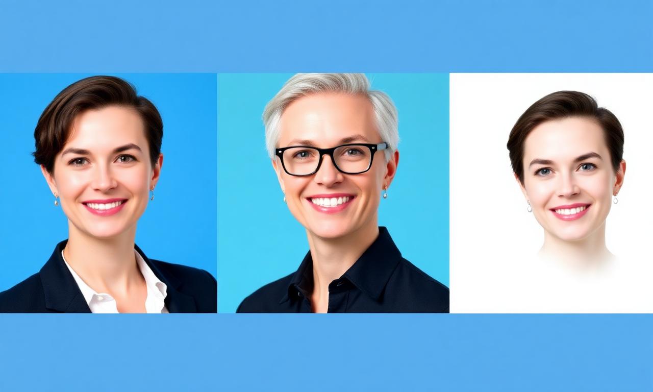 Three LinkedIn headshot variations on different backgrounds