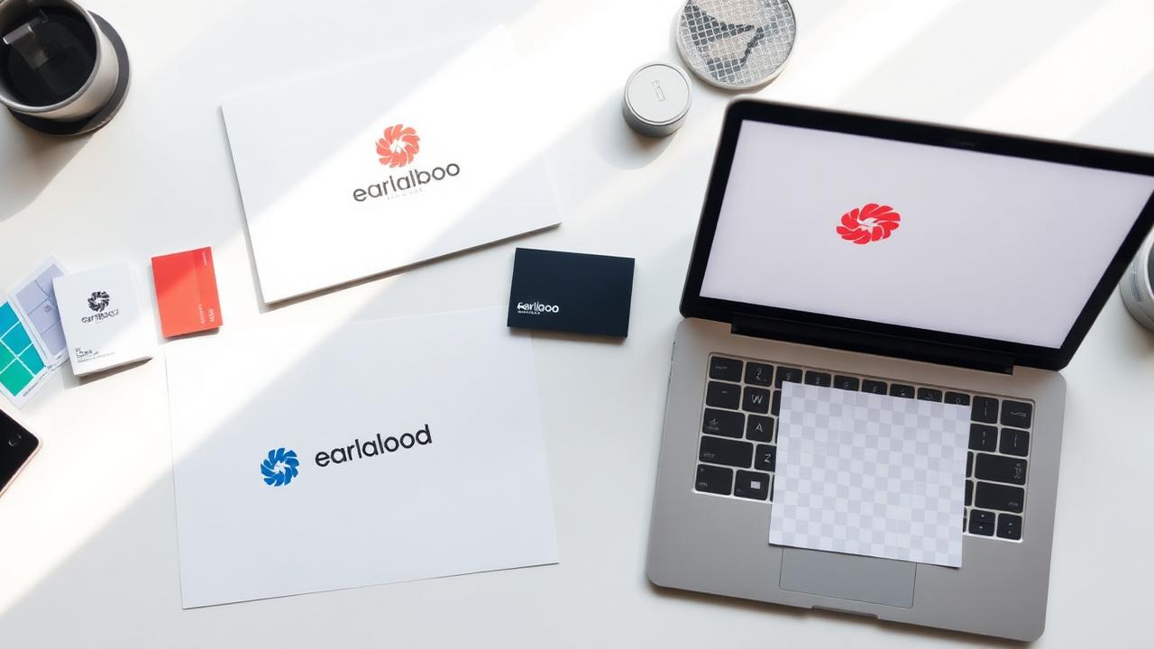 Brand identity kit on a designer desk with a transparent logo PNG on a laptop screen