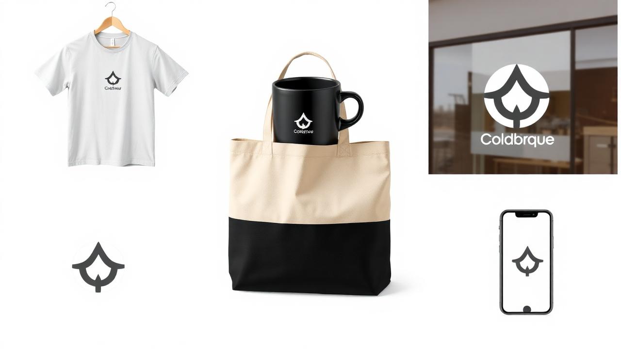 Single brand logo applied to a t-shirt, coffee mug, tote bag, storefront window, and smartphone app icon — all with cleanly removed backgrounds