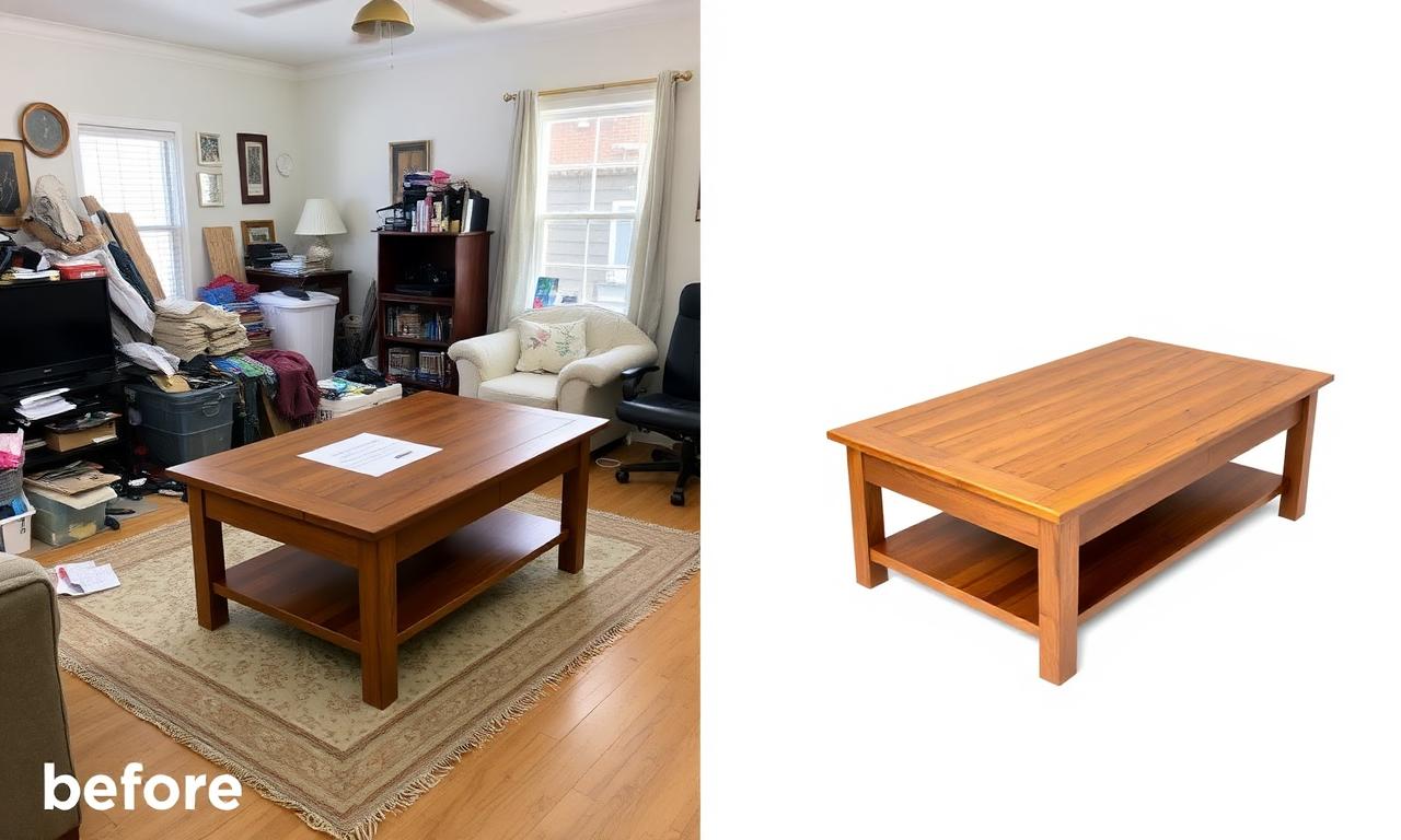 Used coffee table photographed in a cluttered living room versus the same table on a clean white background