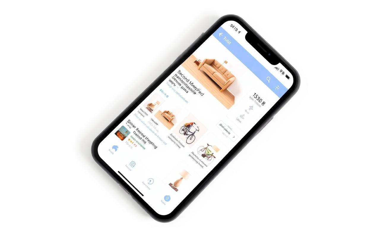 Phone showing a Marketplace feed of second-hand items each on a clean consistent white background