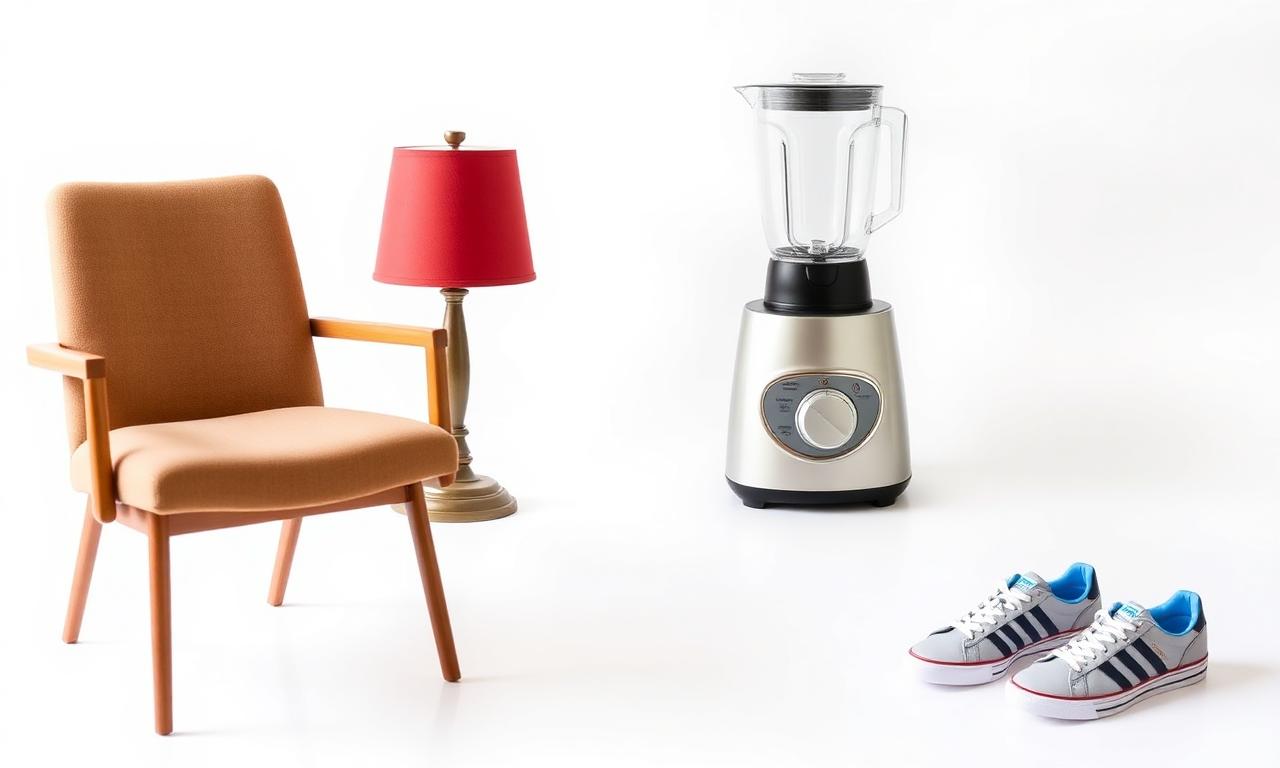 Grid of four second-hand items — a chair, lamp, blender, and sneakers — each on a clean white background