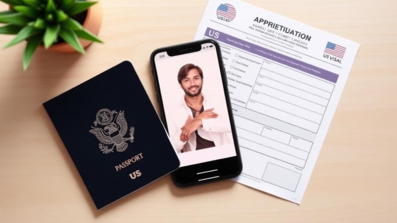 Passport, smartphone showing a portrait photo, and a US visa application form on a desk