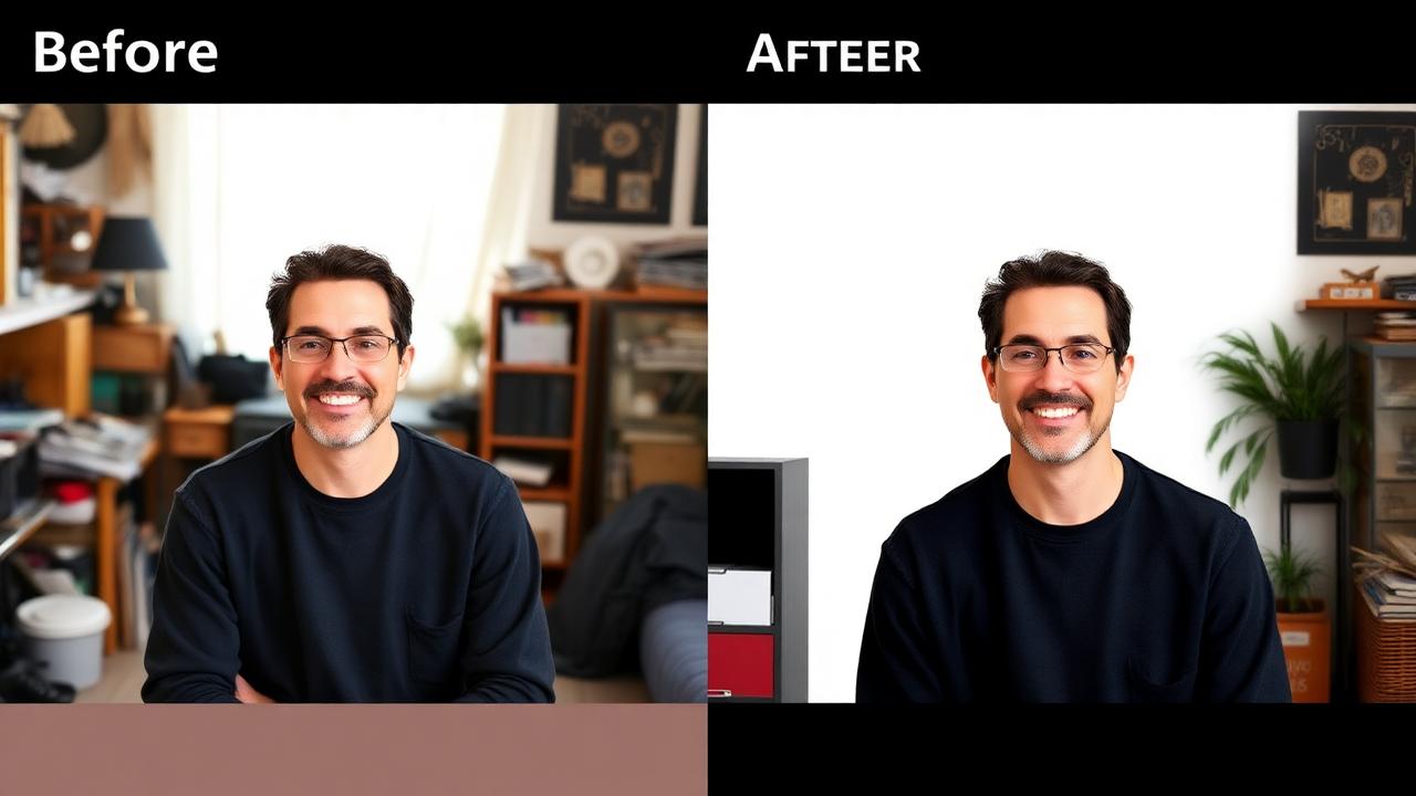 Before and after comparison showing a casual indoor portrait on the left and the same person with a clean white passport-photo background on the right