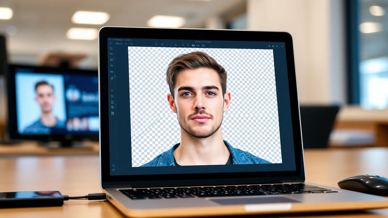 Laptop screen displaying a portrait photo with a transparent checkerboard pattern around the head and shoulders, ready to receive a white background