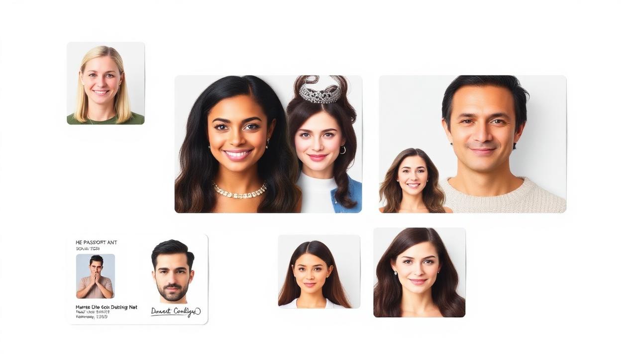 Grid of four passport-style ID photos of diverse people on uniform pure white backgrounds