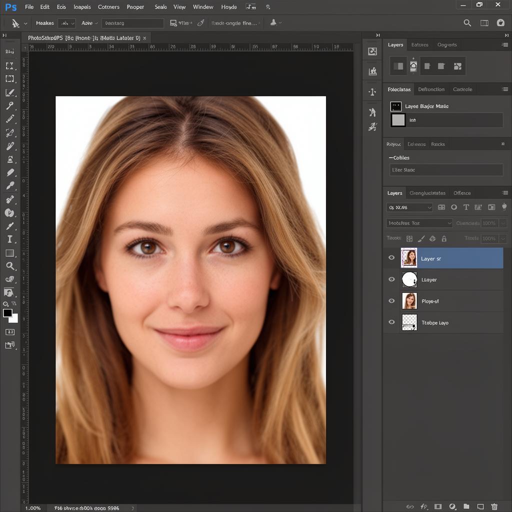 Adobe Photoshop interface with the Layers panel and a layer mask applied to a portrait
